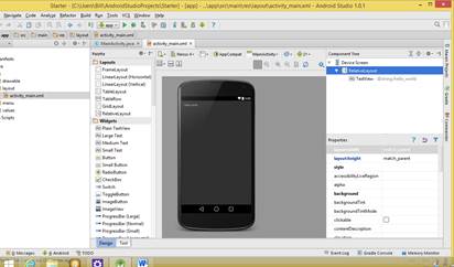 The Android Studio user interface in design mode